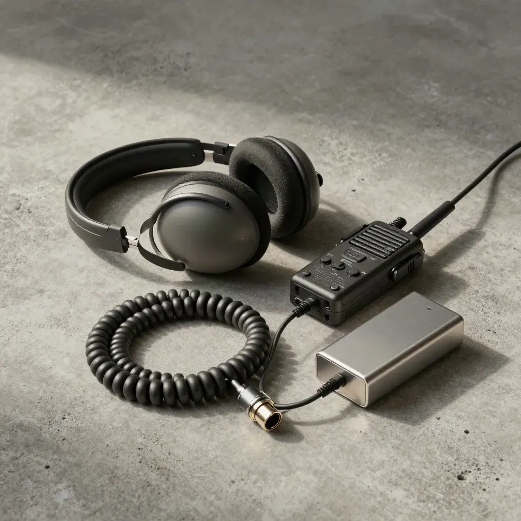 Macro flatlay of a sound engineer comms kit on brushed concrete with silver accents.