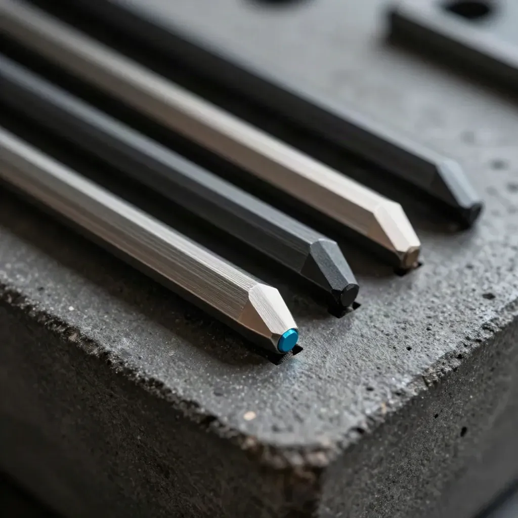 Hex keys, cable ferrules and metal clips on dark graphite concrete, close and detailed.