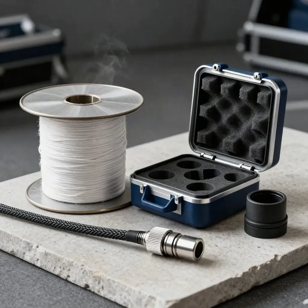 Open fibre transmission kit on pale stone with connectors and spool in dramatic light.