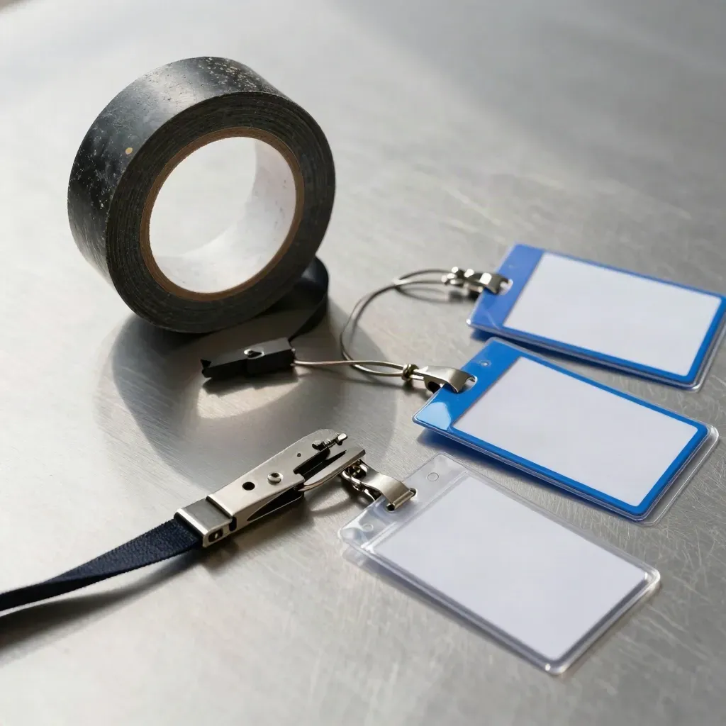 Conference staging kit with tape roll, clamp and lanyard holders on brushed metal.