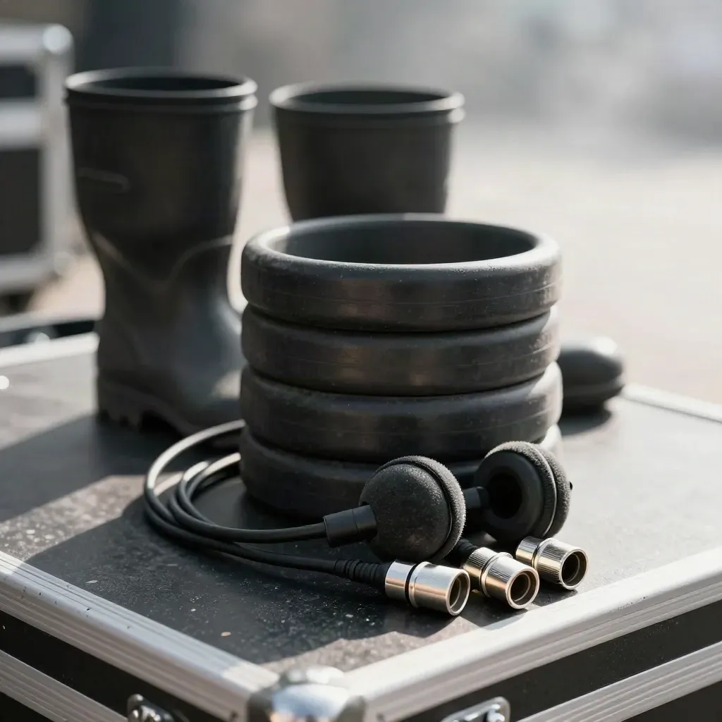 Festival OB kit latches, cable boots and intercom earpieces on matte charcoal metal.