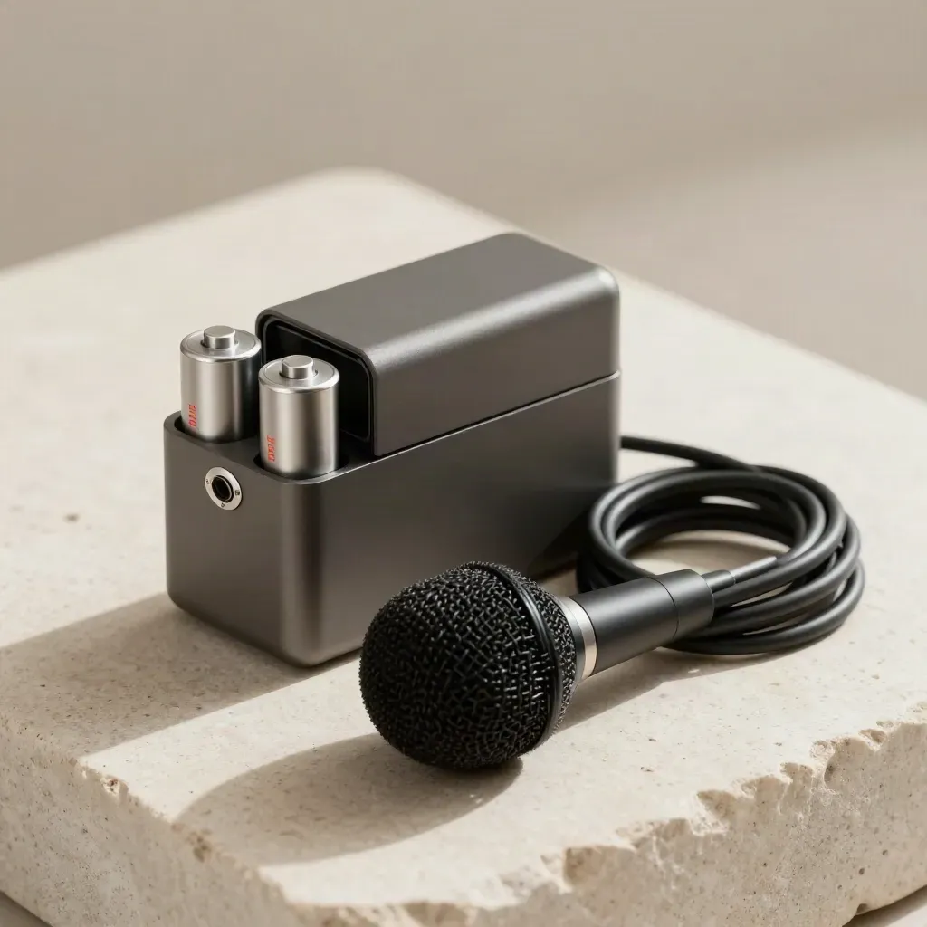 Wireless mic pack, batteries, windshields and cable wrap on off-white stone in soft side light.
