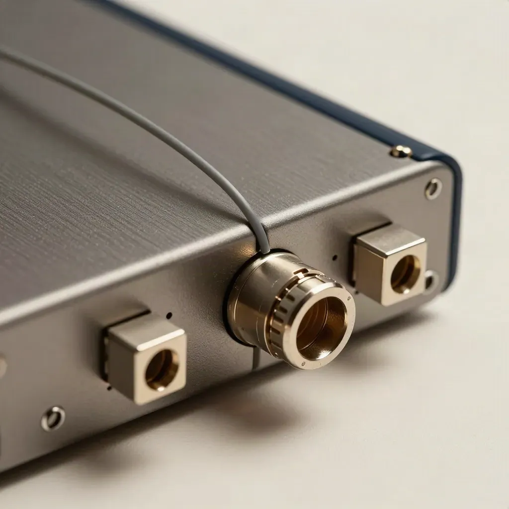 Top-down macro of encoder hardware with fiber modules and patch lead on a graphite surface