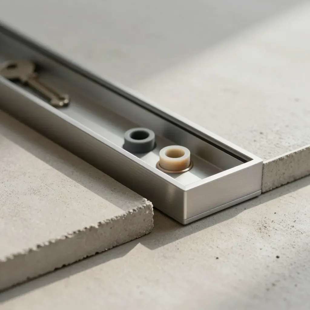 Top-down macro of aluminum bezel trim, silicone spacers and pale concrete with silver raking light.