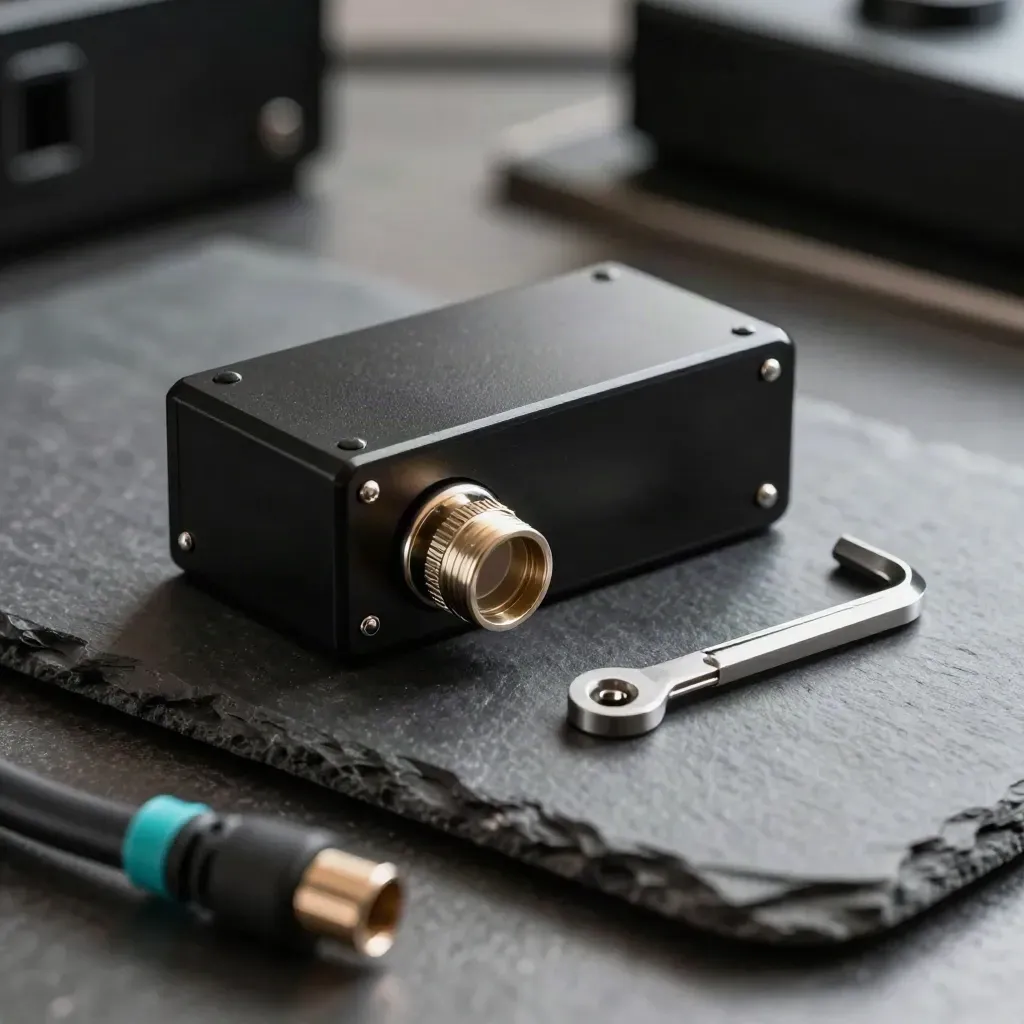 Breakout box, BNC adapter, and hex wrench set on slate in dramatic side light.