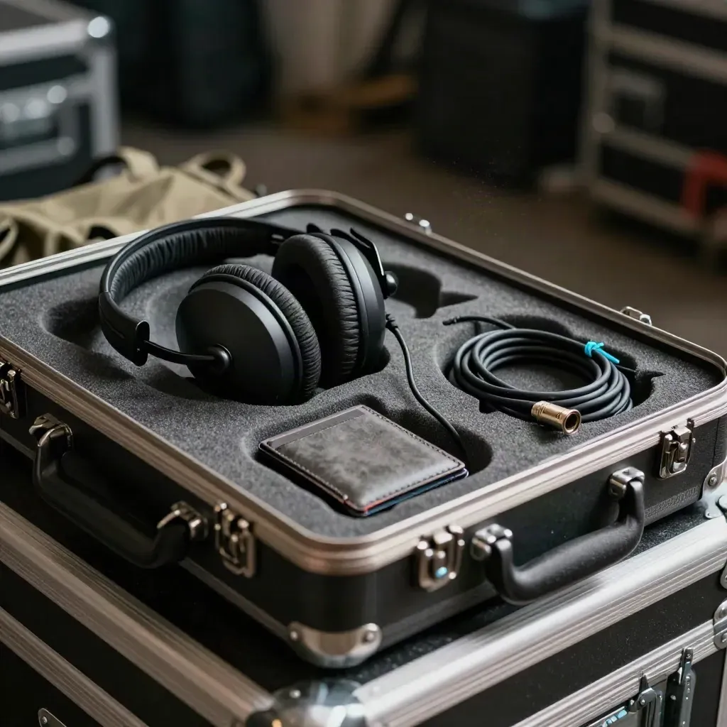 Open hard case with headset, cables, SD card wallet and XLR lead shot through a blurred truss clamp.