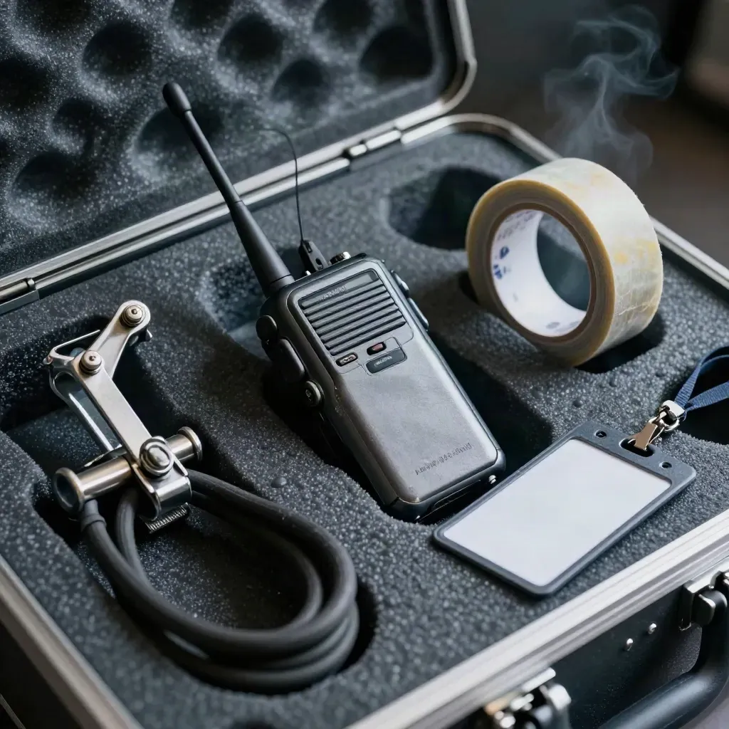 Wireless mic receiver, rigging clamp, stage tape and badge holder in a dramatic flight case still life.