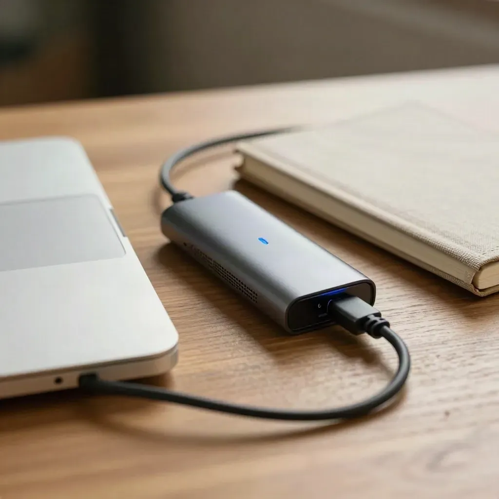 Closed laptop, USB-C hub, compact router and notebook on oak wood