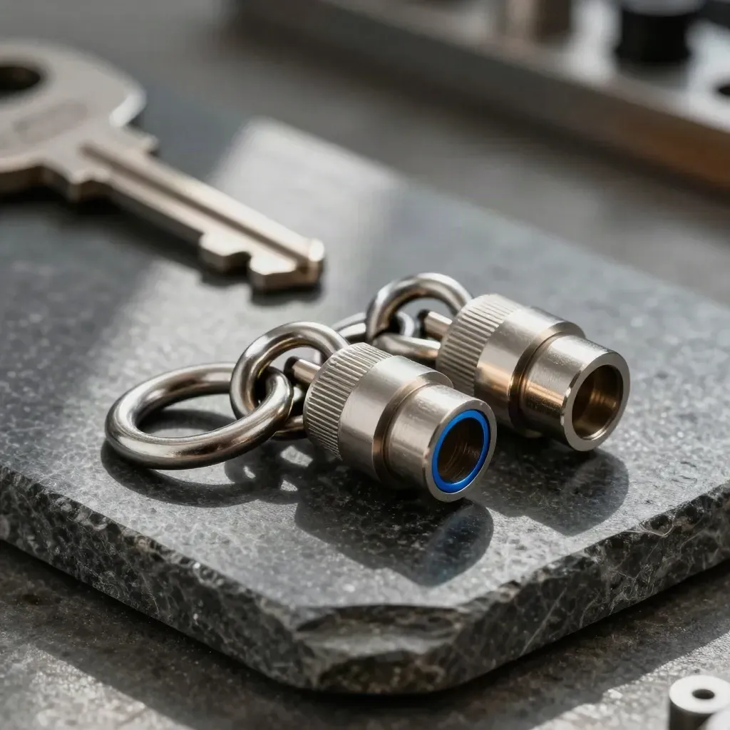 Brushed-steel cable rings, connectors and a modular block on slate under dramatic light.
