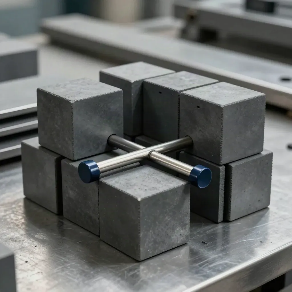 Graphite modular cubes bridged on brushed metal, lit dramatically for Beamable integrations.