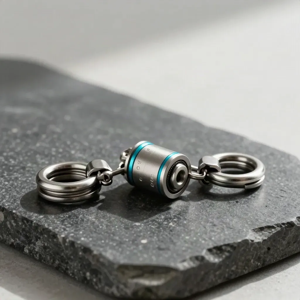 Metal couplers and a sensor module chain together on slate with a cyan accent.