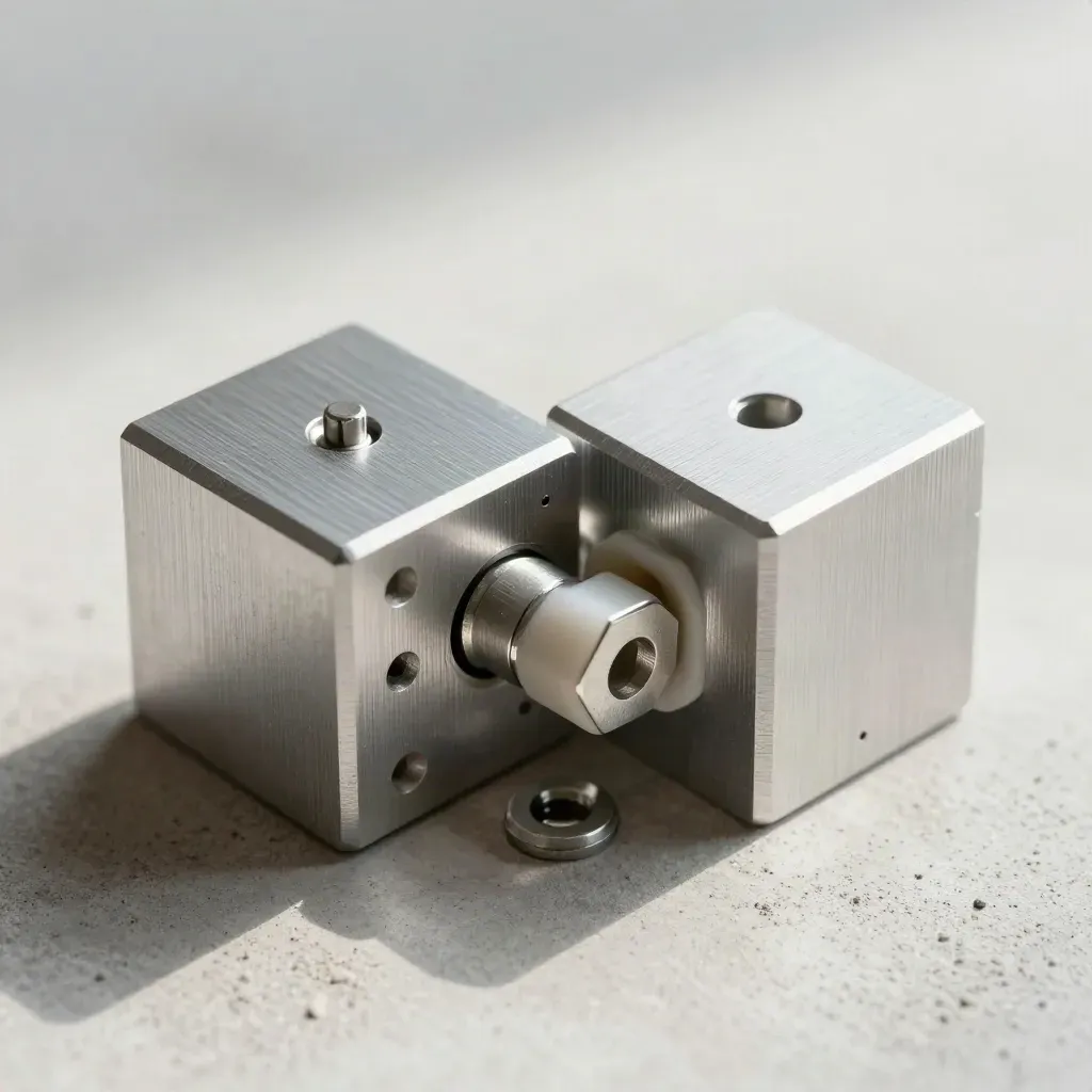 Macro flatlay of machined aluminum blocks locking together on pale concrete, lit by soft raking daylight.